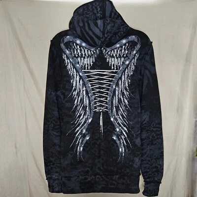 Affliction Full Zip Hoodie Grunge Wings Graphic - Image 1 of 4