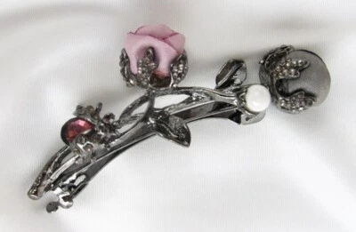 Made in France Signed NS Pink Gray Satin Rose Rhinestone Silver Metal Hair Clip - Image 1 of 4