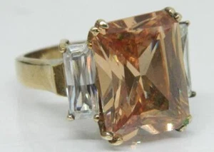Signed GL Large Morganite & White CZ Gold Tone Sterling Silver 925 Ring Sz 8 - Picture 1 of 7