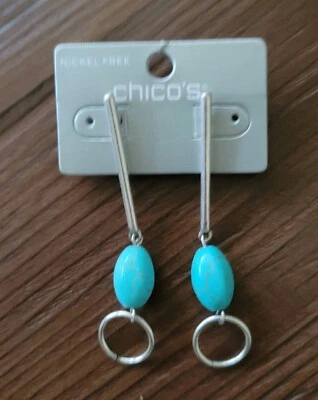 NWT CHICO'S LINEAR DROPP POST STUD EARRINGS TURQUOISE AND SILVER TONE BRUSHED  - Image 1 of 4
