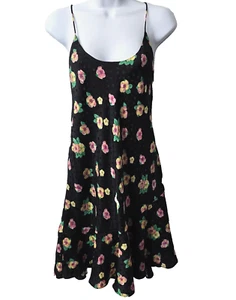 Jo Intimates Satin Slip Dress L Ruffle Knee Length Black Floral Pink Vintage 90s - Picture 1 of 9