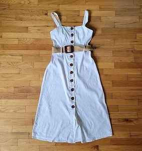 Forever 21 Belted Linen Blend Midi Sun Dress Small Fit Flare Coastal Summer - Picture 1 of 13