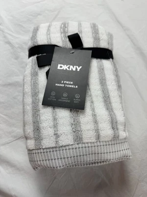 DKNY 2 Piece Hand Towel 18”x28” Striped White And Gray  - Image 1 of 4