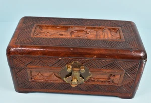 Vintage Asian Hand Carved Camphor Wood Hinged & Latch Box Brass Hardware 8" - Picture 1 of 17
