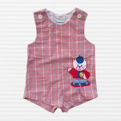 Mameluco de oso de béisbol vintage Samara bebé niño pequeño rojo azul sin mangas talla 24M Foto 1 de 4