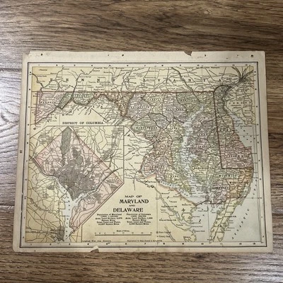 Antique 1905 Map Of Maryland & Delaware (W District Of Columbia) 13.5”x11” - Image 1 of 4