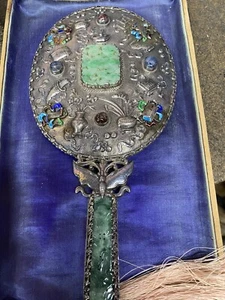 Chinese Qing Dynasty Enamel Jade Sterling Silver Mirror - Picture 1 of 11