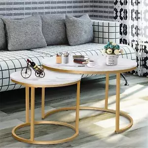 Set of 2 Nesting Coffee Tables, White Marble Top & Gold Frame, Modern End Tables - Picture 1 of 9