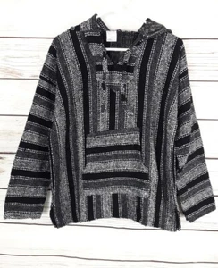 Mexikanischer Hoodie Jerga Pullover M grau & schwarz Baja Surfer Hippie gestreift Jacke - Bild 1 von 4