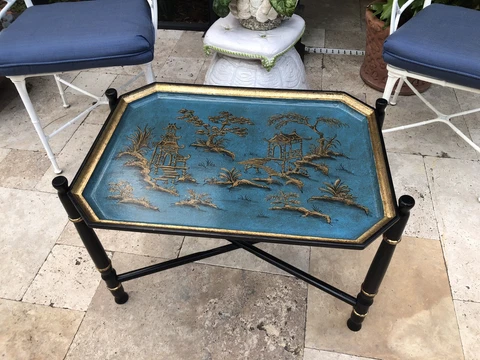 Chinoiserie Hand painted Tray Top Folding Stand Occasional Coffee Table Cover