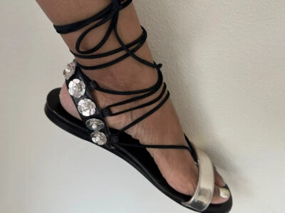 AGL ATTILIO GIUSTI LEOMBRUNI  Blk Silver Beaded Flowers GLADIATOR Sz 11 ❤️GORG - Image 1 of 4