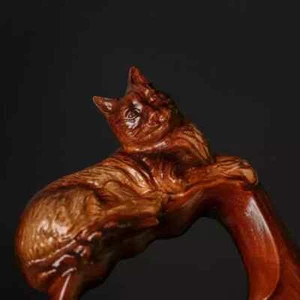 Hand craved cat handle wooden walking cane cat walking stick - Picture 1 of 4