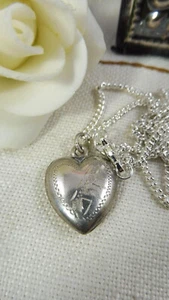 Vintage Sterling Silver Etched Puffy Heart Pendant Necklace Ready To Engrave - Picture 1 of 10