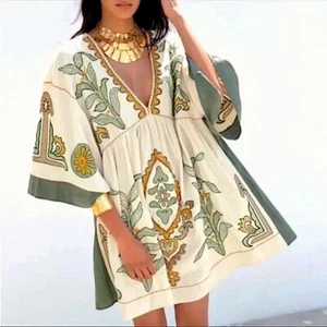 Neu mit Etikett Zara The Romy Kleid XL bestickt ecru Colorblock Baumwolle/Leinen Boho Mini - Bild 1 von 11