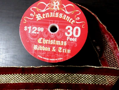 Fita e acabamento vintage renascentista Natal com fio veludo vermelho ouro frisado 25 pés - Imagem 1 de 4