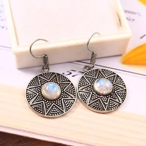 Dangle Drop 925 Silver Earring Natural Moonstone Earring Round Silver Earring - Picture 1 of 3