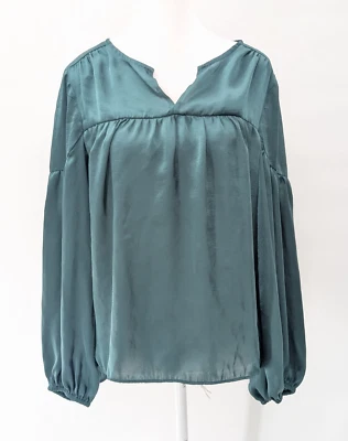 Vince Camuto Emerald Green Satin Balloon Sleeve Flowy Long Sleeve Blouse Size M - Image 1 of 4