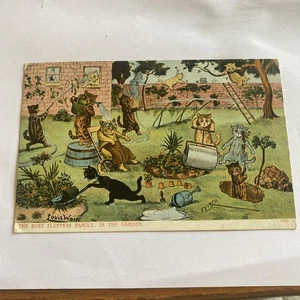 TARJETA POSTAL ORIGINAL DE GATO ANTROPOMÓRFICO DE LOUIS WAIN - JARDÍN FAMILIAR PELUSA OCUPADO R - Imagen 1 de 8