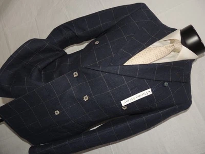 NUEVO CON ETIQUETAS Abrigo Chaqueta Paisley y Gris Para Hombre Doble Pecho Azul Ventana 38 Reg Foto 1 de 4