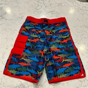 NWT Lands End Deep Sea Navy Shark Print Swim Trunks Shorts Size XL Youth 14S/16S - Picture 1 of 5