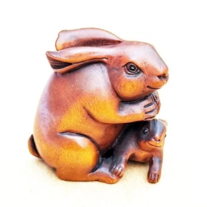 GX1319 - 20 años 2" tallado a mano boj Netsuke: conejo mamá y bebé - Imagen 1 de 10