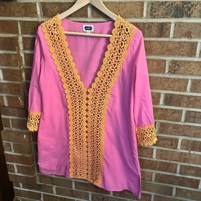 Mud Pie Mujer M Nora Nadar Playa Cubrir Rosa Naranja Crochet Boho Resort Usado en Excelente Condición Foto 1 de 4