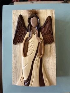 Carver Dan's Guardian Angel Secret Wood Puzzle Box 6 1/2" L x 3 3/4" W x 2” H - Picture 1 of 6