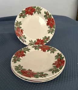 VTG Hallmark Poinsettia/Holly Berry Christmas   10-1/2"  Dinner Plates Set of 4 - Picture 1 of 5