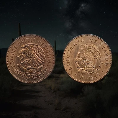 1959 Mexico 50 Centavos Coin, Cuauhtemoc bust, National Arms - Image 1 of 3