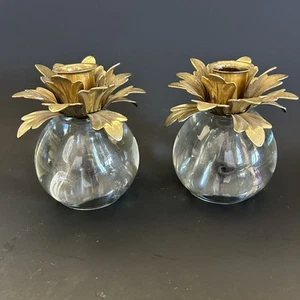 VTG Pair Candlestick Holders Glass Brass Pineapple Reversible Hollywood Regency - Picture 1 of 19
