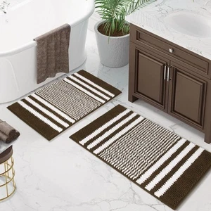 Bathroom Rugs Set 2 Piece Extra Soft and Absorbent Fluffy Striped Chenille Mat - Picture 1 of 5