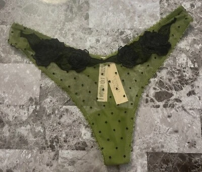 NWT VICTORIA'S SECRET GREEN MESH BLACK POLKA DOT LACE HIGH LEG THONG PANTIES - Image 1 of 3