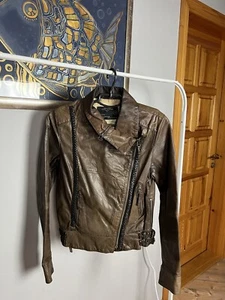 Giacca da motociclista AllSaints Hampton assimetrica in pelle marrone taglia 10 - Foto 1 di 13
