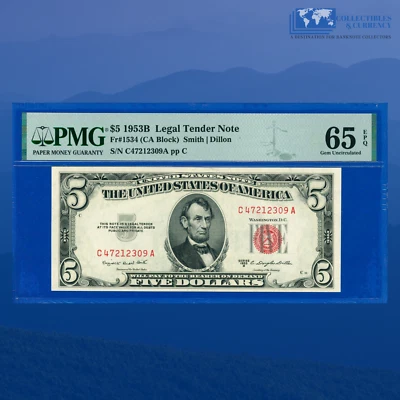Fr.1534 1953B $5 Five Dollars Legal Tender Note, C/A Block, PMG GEM 65 EPQ #2309 - Image 1 of 3