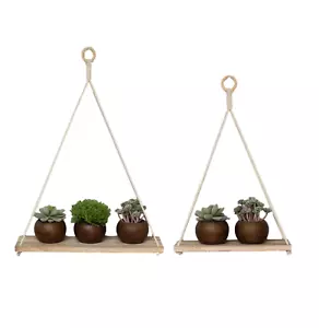 2Pcs Solid Wood Rope Hanging Wall Shelves Rustic Vintage Art Floating Shelf Home - Picture 1 of 8
