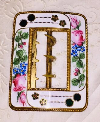 Antique Victorian Floral Rose Clover Enamel Gold Gilded Belt Buckle Bride Ornate - Image 1 of 4