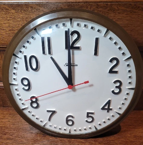 Vtg 13.5" Battery Brown Sunbeam 12 Hour School Wall Clock Large Numbers Works A Cover