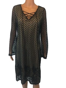 SOHO Womens Size Large Fishnet Mesh A-Line Dress Black Tan Lining Long Sleeve  - Picture 1 of 11