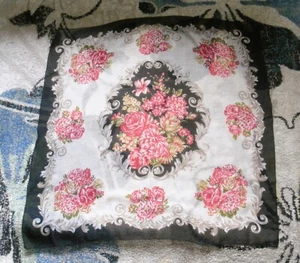 Vintage 30" Semi Sheer Black Cream Roses Quality Lightweight Floaty Scarf - Picture 1 of 4