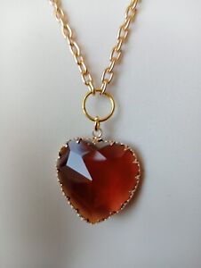 Beautiful Faceted Topaz Glass Heart Pendant Gold 20 Inch Chain Crystal Cut 