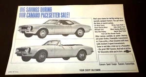 1967 Chevrolet Camaro Pacesetter Postcard Indianapolis 500 Pace Car Sales Ad - Picture 1 of 2
