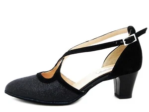 Scarpe Donna Ballo 37 Camoscio e Glitter Nero Tacco Basso 5 cm MADE IN ITALY - Picture 1 of 6