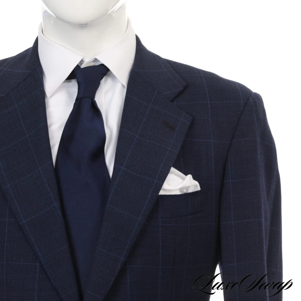 #1 MENSWEAR Kiton Napoli Made in Italy Bright Navy Nailhead Windowpane Jacket 51 - Image 1 of 4