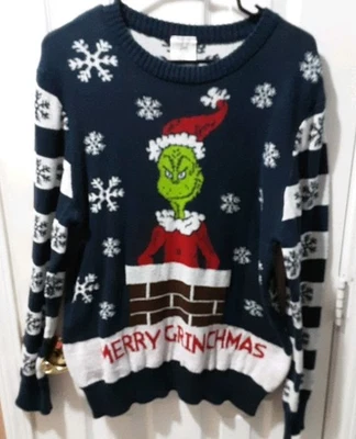 Свитер Merry Grinchmas с длинным рукавом праздничный гринч синий праздничные снежинки LG - Изображение 1 из 4