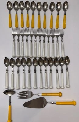 Vintage Oxford Hall Stainless Flatware Yellow White Handle 37 pc Serving Japan - Image 1 of 4