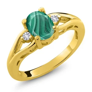 18K Yellow Gold Plated Silver Green Malachite and White Created Sapphire 3 - Picture 1 of 4