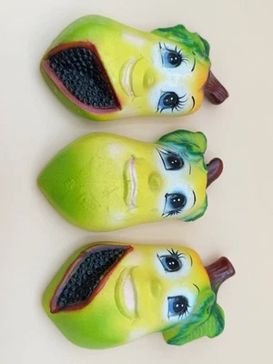 Anthropomorphic Papaya Wall Hangings Kitschy Cute Fruit With Faces Set Of 3 - Image 1 of 4