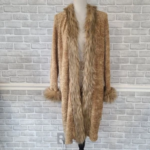 Vintage 90s Chenille Faux Fur Trim Long Cardigan Jacket Y2K Indie M Made in USA - Bild 1 von 9