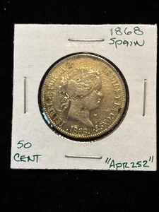 1868 Spain 50c De Pesos Circulated Silver “apr252” Isabel Improperly Cleaned - Bild 1 von 24