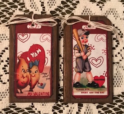 5 RETRO Style Handcrafted Wooden Valentine's Day Ornaments / HangTags Set5 - Image 1 of 4